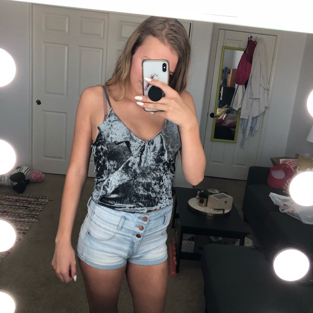Dark Gray Velvet Cross Ruffle Crop Top